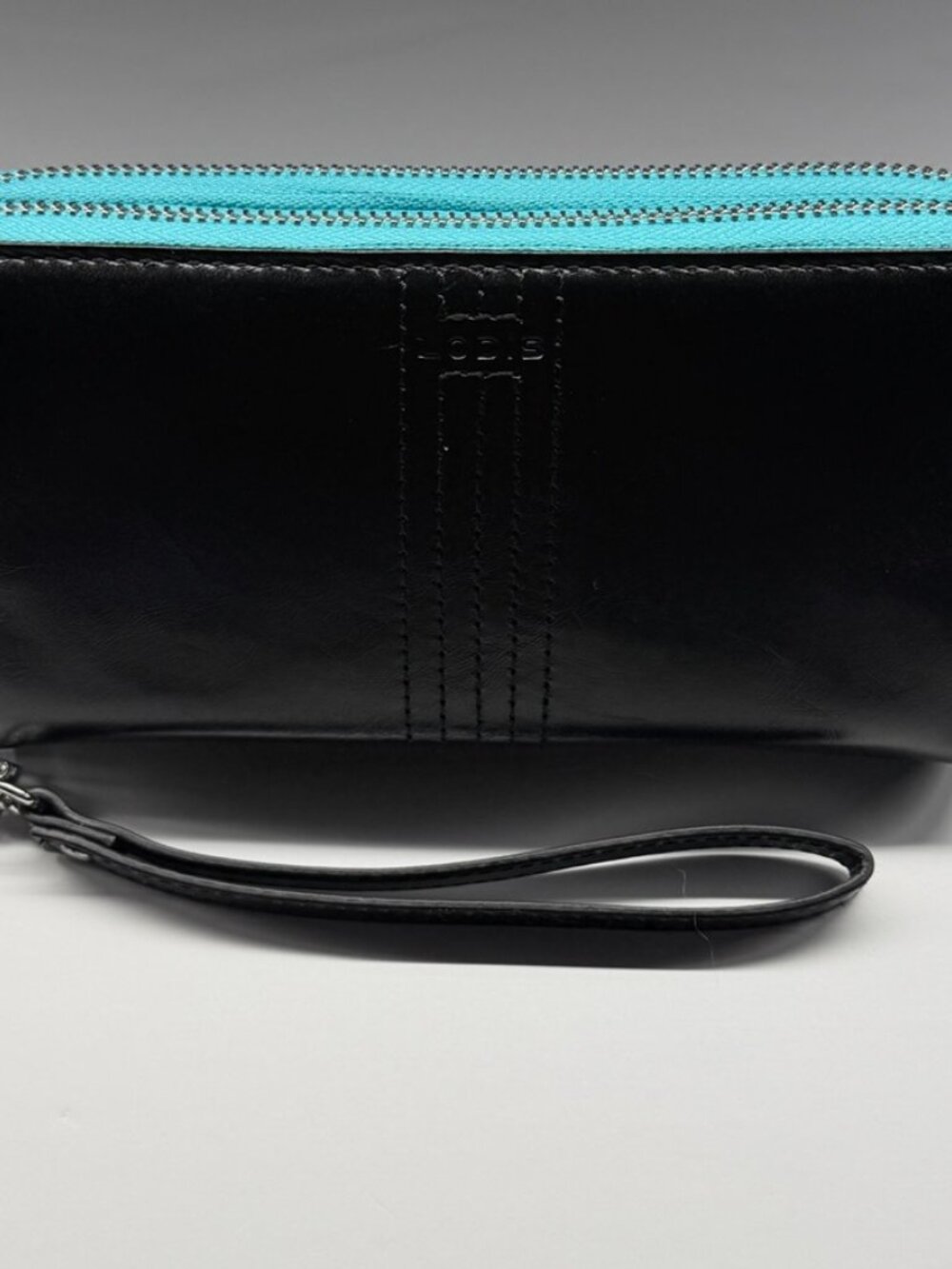 LODIS Black Leather Double Zip Wristlet Wallet Teal & Black Silver Hardware NWT - Picture 7 of 14